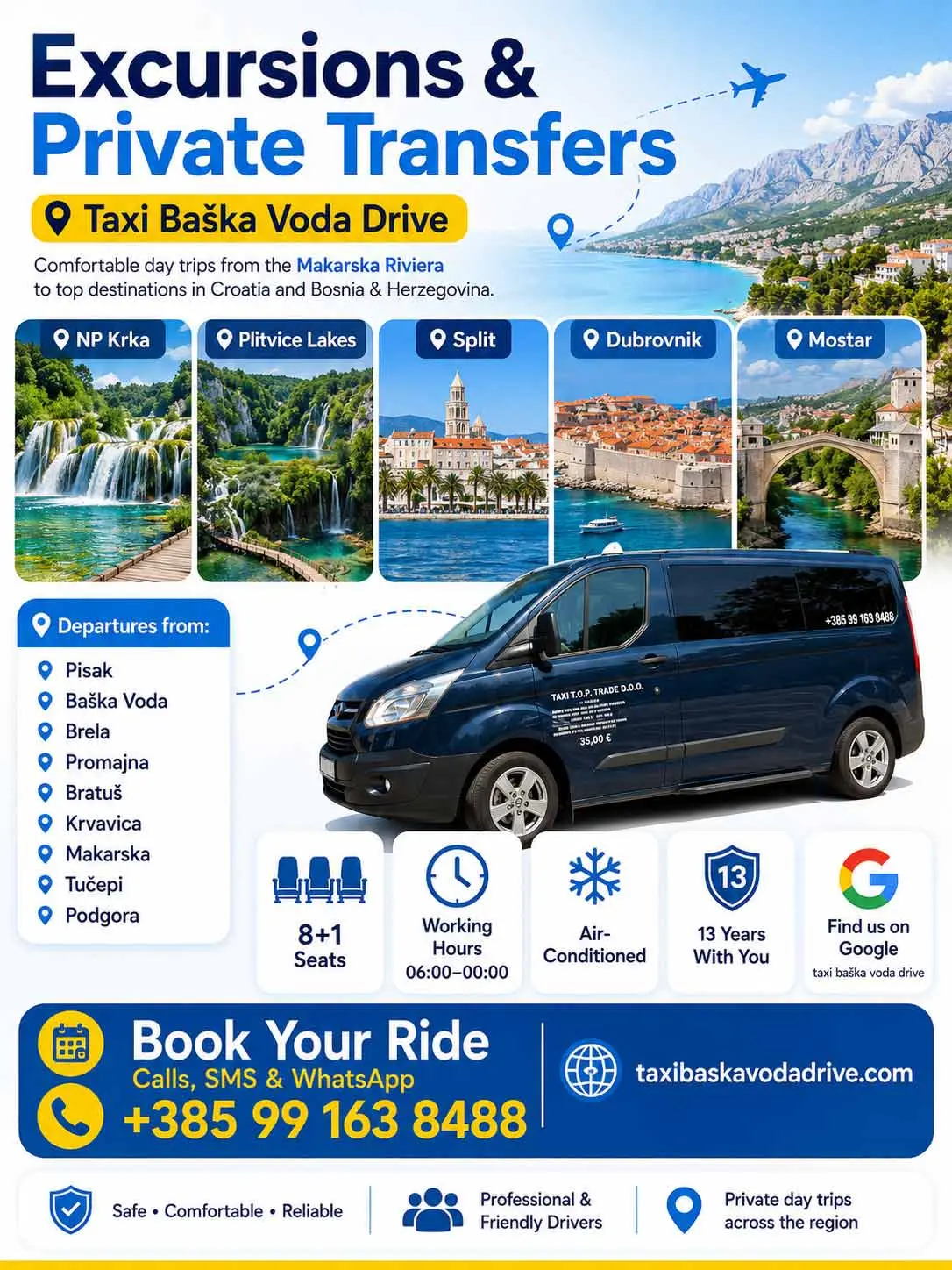 Baška Voda to Zadar Airport private taxi transfer
